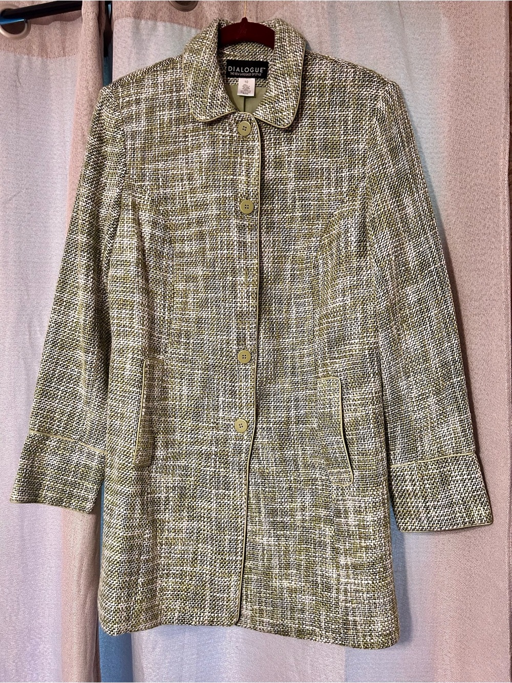 Dialogue Olive Tweed Piped Button-Up Lined Trench